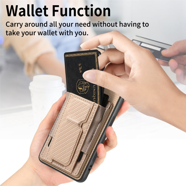 For Samsung Galaxy S24 5G Carbon Fiber Fold Stand Elastic Card Bag Phone Case(Khaki) - HoMEdemic™ 