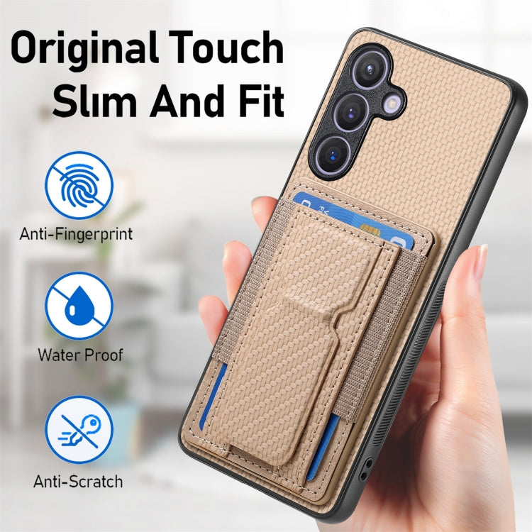 For Samsung Galaxy S24 5G Carbon Fiber Fold Stand Elastic Card Bag Phone Case(Khaki) - HoMEdemic™ 