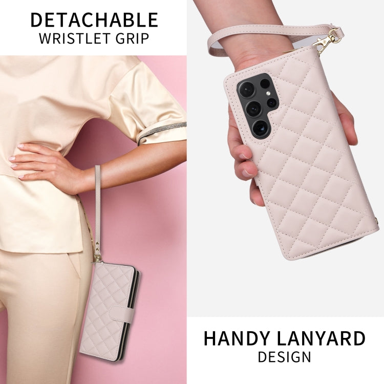 For Samsung Galaxy S24 5G Crossbody Rhombic Zipper Tower Buckle Leather Phone Case with Lanyard(Beige) - HoMEdemic™ 