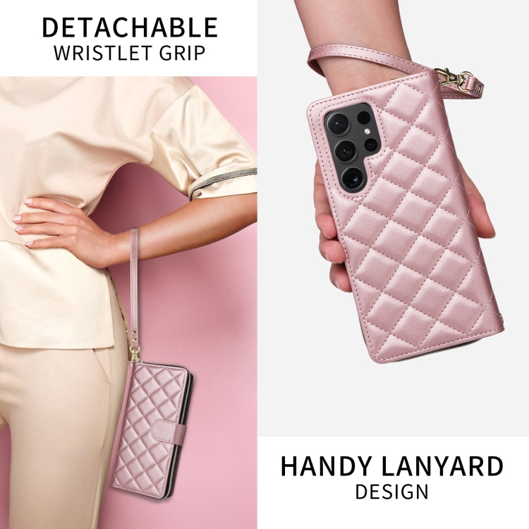 For Samsung Galaxy S24 5G Crossbody Rhombic Zipper Tower Buckle Leather Phone Case with Lanyard(Rose Gold) - HoMEdemic™ 