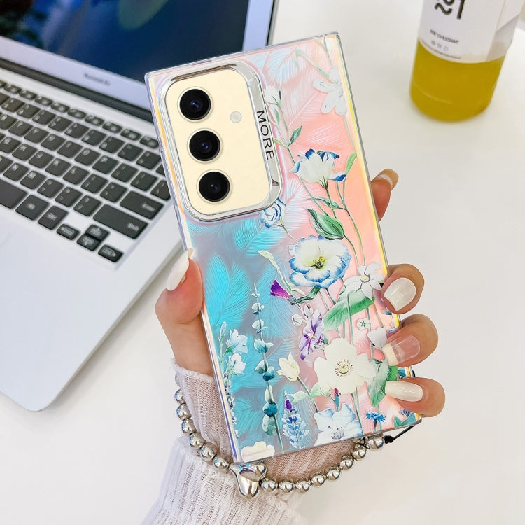 For Samsung Galaxy S24 5G Electroplating Laser Flower Phone Case with Wrist Strap(Blue Flower AH8) - HoMEdemic™ 