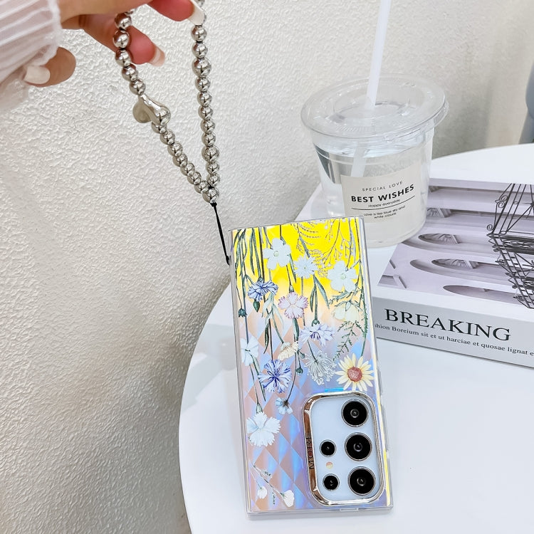 For Samsung Galaxy S24 5G Electroplating Laser Flower Phone Case with Wrist Strap(Lavender AH14) - HoMEdemic™ 