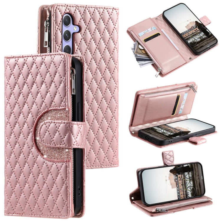 For Samsung Galaxy S24 5G Glitter Lattice Zipper Wallet Leather Phone Case(Rose Gold) - HoMEdemic™ 