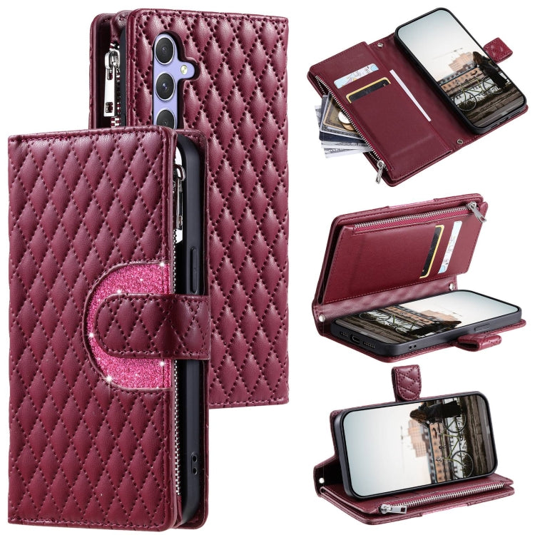For Samsung Galaxy S24 5G Glitter Lattice Zipper Wallet Leather Phone Case(Wine Red) - HoMEdemic™ 