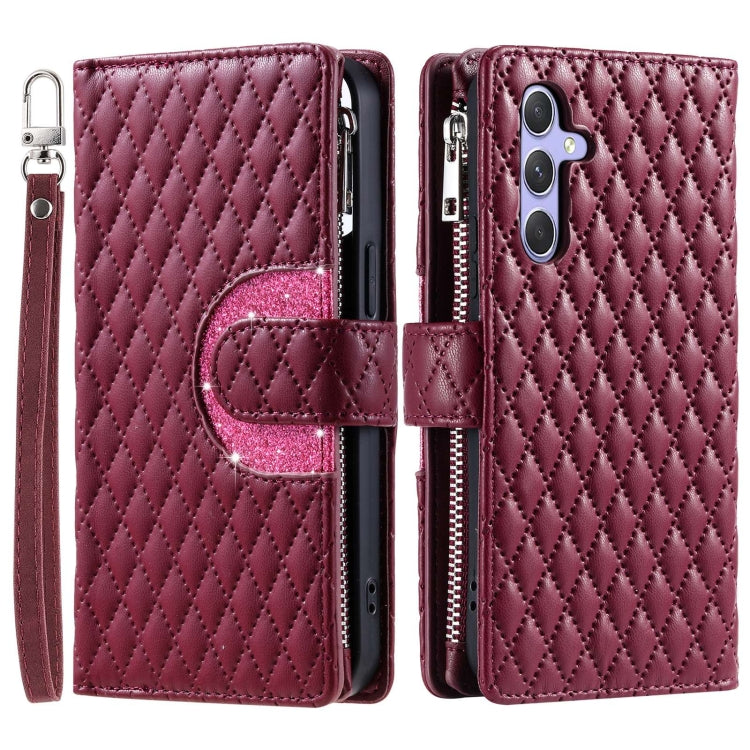 For Samsung Galaxy S24 5G Glitter Lattice Zipper Wallet Leather Phone Case(Wine Red) - HoMEdemic™ 