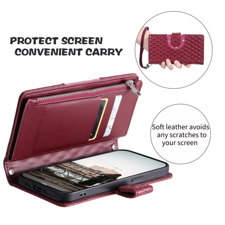 For Samsung Galaxy S24 5G Glitter Lattice Zipper Wallet Leather Phone Case(Wine Red) - HoMEdemic™ 