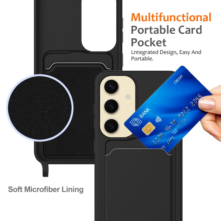 For Samsung Galaxy S24 5G Integrated Card Bag Solid Color Liquid Silicone Phone Case with Lanyard(Black) - HoMEdemic™ 