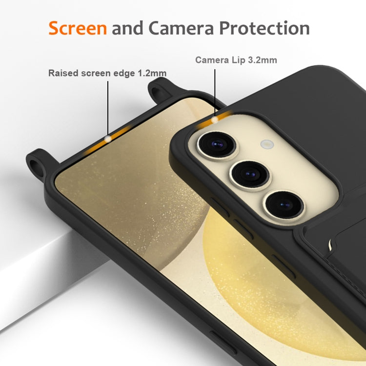 For Samsung Galaxy S24 5G Integrated Card Bag Solid Color Liquid Silicone Phone Case with Lanyard(Black) - HoMEdemic™ 