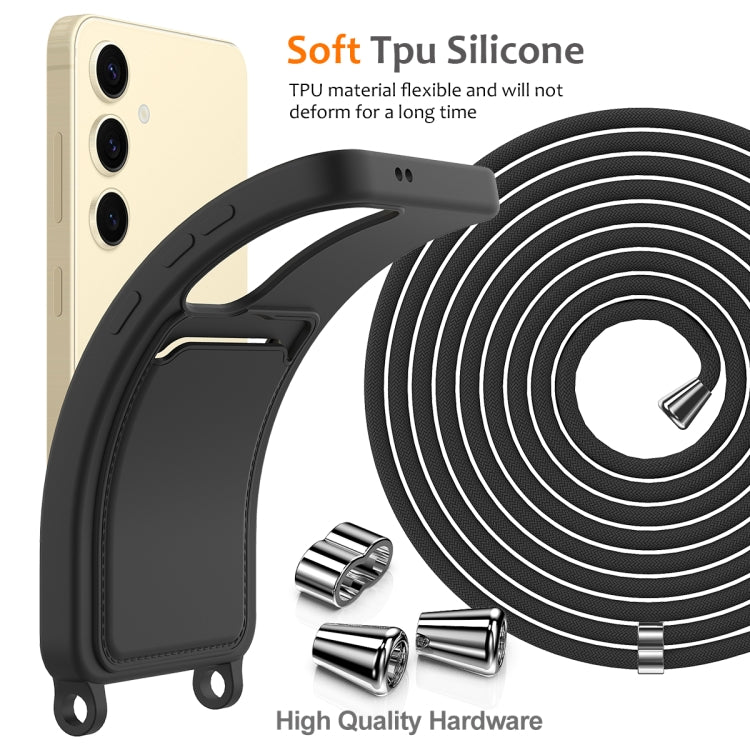 For Samsung Galaxy S24 5G Integrated Card Bag Solid Color Liquid Silicone Phone Case with Lanyard(Black) - HoMEdemic™ 