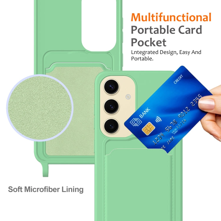 For Samsung Galaxy S24 5G Integrated Card Bag Solid Color Liquid Silicone Phone Case with Lanyard(Green) - HoMEdemic™ 