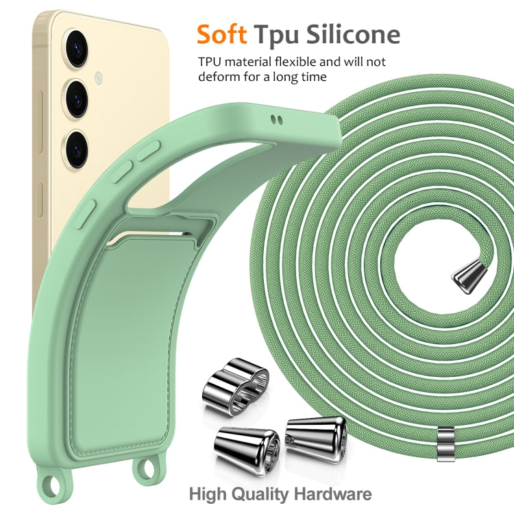 For Samsung Galaxy S24 5G Integrated Card Bag Solid Color Liquid Silicone Phone Case with Lanyard(Green) - HoMEdemic™ 