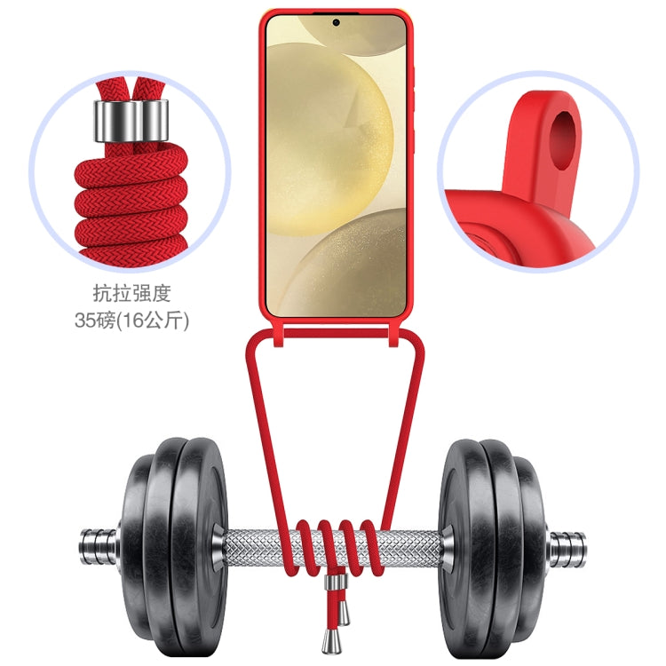 For Samsung Galaxy S24 5G Integrated Card Bag Solid Color Liquid Silicone Phone Case with Lanyard(Red) - HoMEdemic™ 