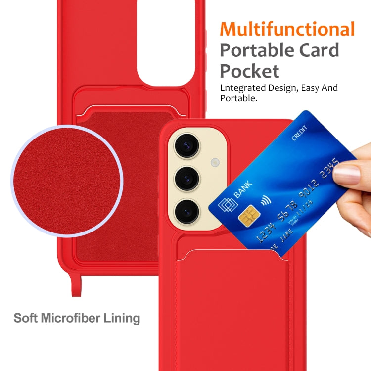 For Samsung Galaxy S24 5G Integrated Card Bag Solid Color Liquid Silicone Phone Case with Lanyard(Red) - HoMEdemic™ 