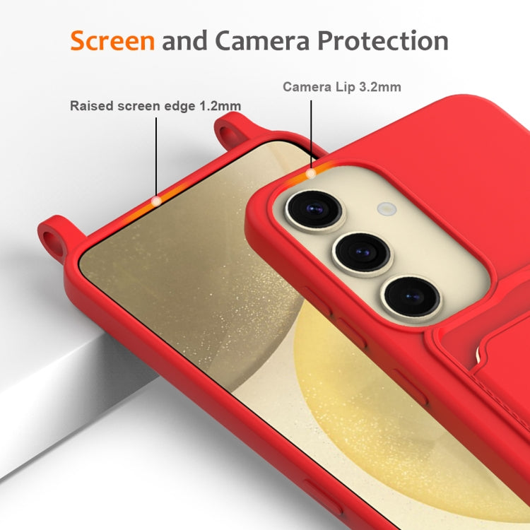 For Samsung Galaxy S24 5G Integrated Card Bag Solid Color Liquid Silicone Phone Case with Lanyard(Red) - HoMEdemic™ 