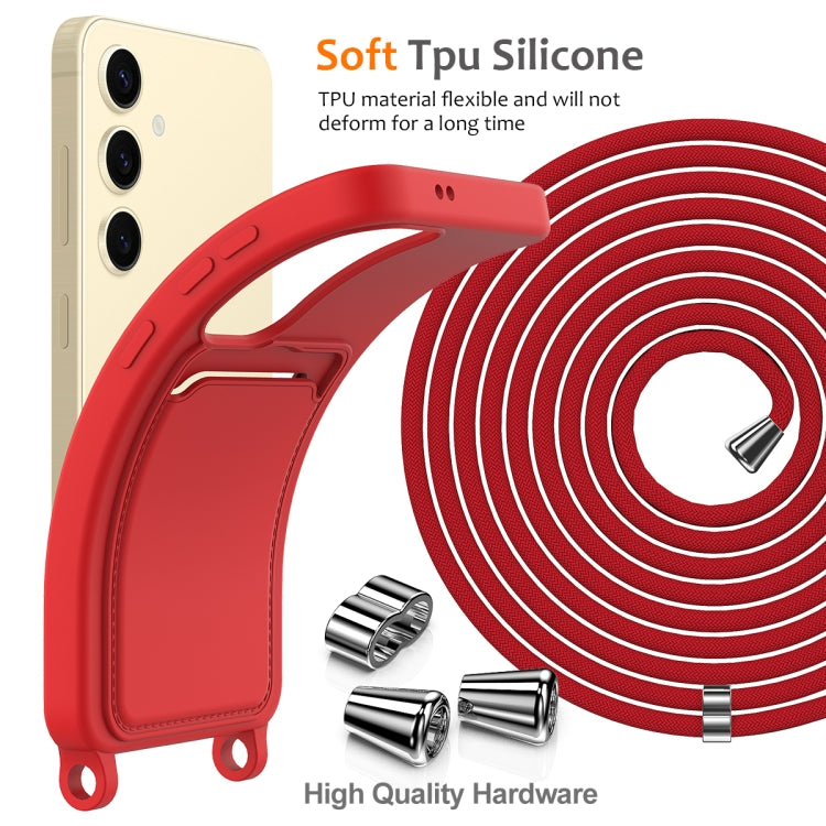 For Samsung Galaxy S24 5G Integrated Card Bag Solid Color Liquid Silicone Phone Case with Lanyard(Red) - HoMEdemic™ 