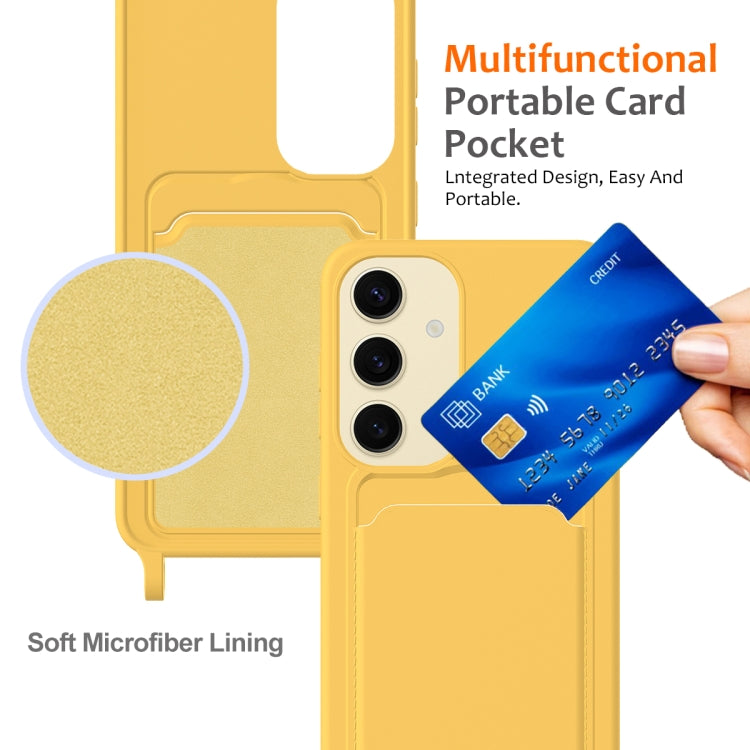 For Samsung Galaxy S24 5G Integrated Card Bag Solid Color Liquid Silicone Phone Case with Lanyard(Yellow) - HoMEdemic™ 