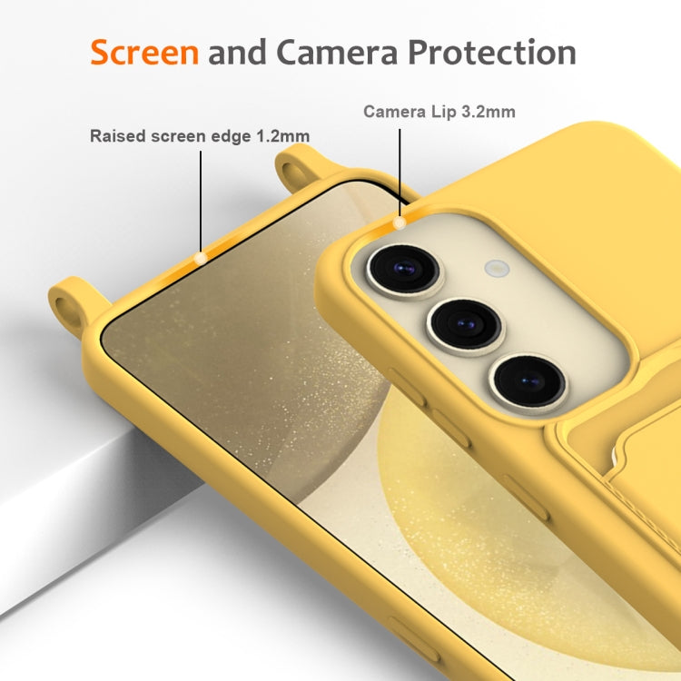 For Samsung Galaxy S24 5G Integrated Card Bag Solid Color Liquid Silicone Phone Case with Lanyard(Yellow) - HoMEdemic™ 