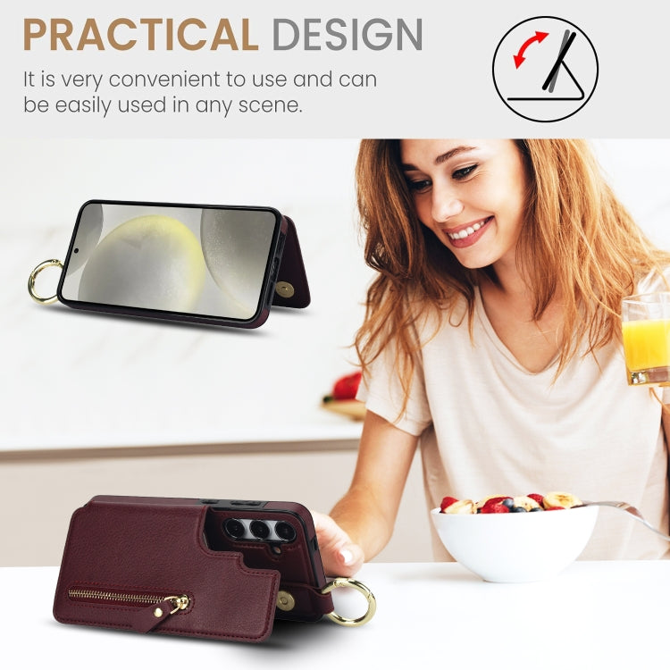 For Samsung Galaxy S24 5G Litchi Texture Zipper Double Buckle Card Bag Phone Case(Maroon Red) - HoMEdemic™ 