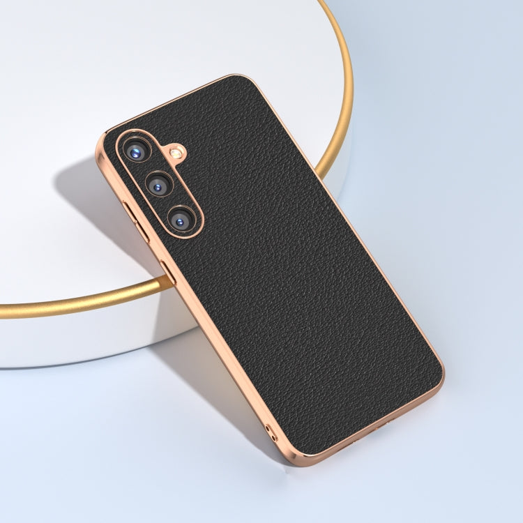 For Samsung Galaxy S24 5G Nano Plating Genuine Leather Wave Series Phone Case(Black) - HoMEdemic™ 