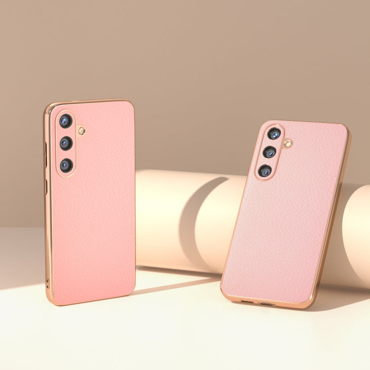 For Samsung Galaxy S24 5G Nano Plating Genuine Leather Wave Series Phone Case(Pink) - HoMEdemic™ 