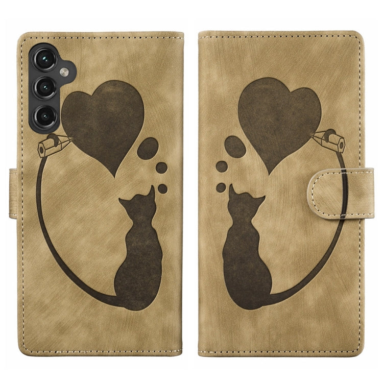For Samsung Galaxy S24 5G Pen Heart Cat Embossed Leather Phone Case(Apricot) - HoMEdemic™ 