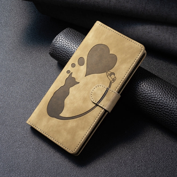 For Samsung Galaxy S24 5G Pen Heart Cat Embossed Leather Phone Case(Apricot) - HoMEdemic™ 