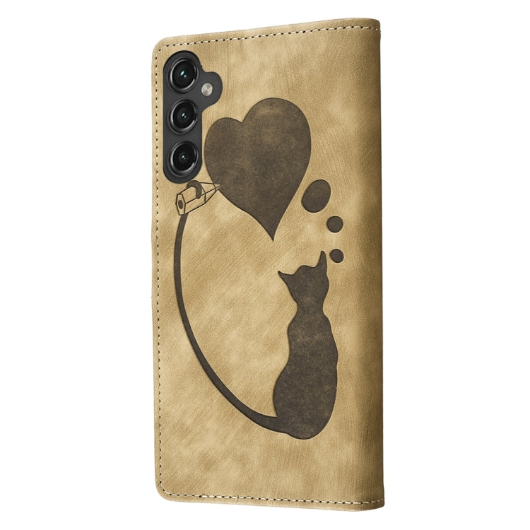 For Samsung Galaxy S24 5G Pen Heart Cat Embossed Leather Phone Case(Apricot) - HoMEdemic™ 