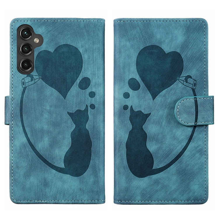 For Samsung Galaxy S24 5G Pen Heart Cat Embossed Leather Phone Case(Blue) - HoMEdemic™ 