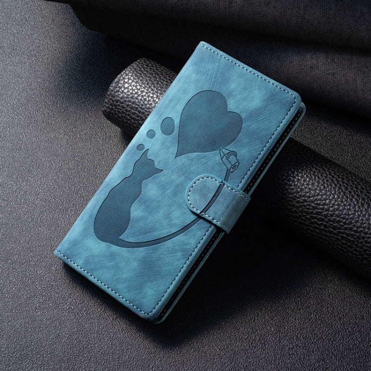 For Samsung Galaxy S24 5G Pen Heart Cat Embossed Leather Phone Case(Blue) - HoMEdemic™ 