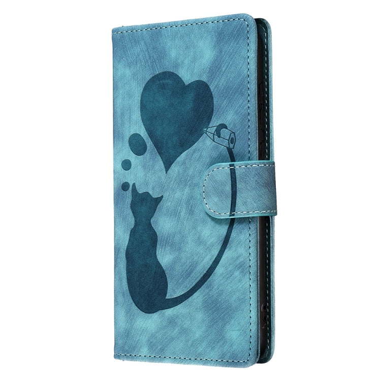 For Samsung Galaxy S24 5G Pen Heart Cat Embossed Leather Phone Case(Blue) - HoMEdemic™ 