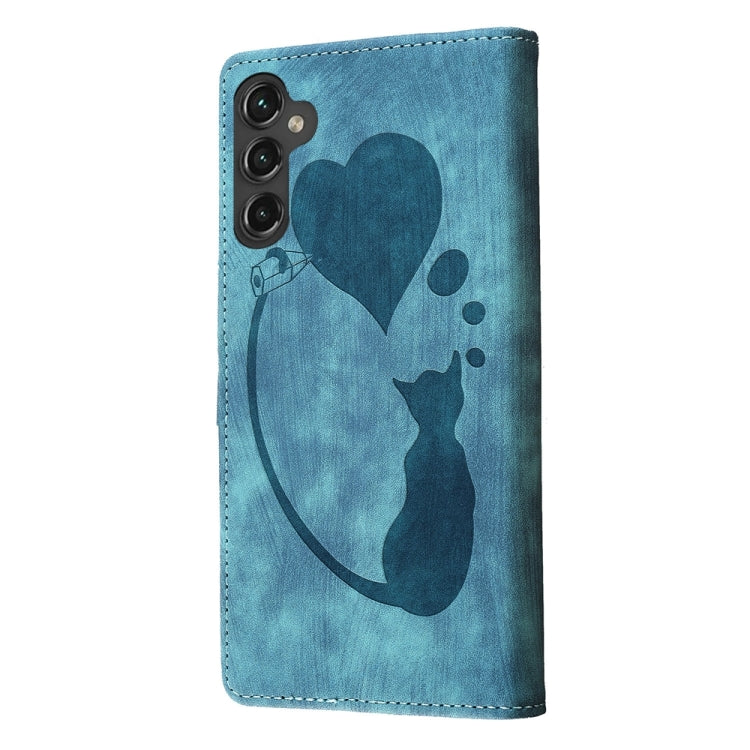 For Samsung Galaxy S24 5G Pen Heart Cat Embossed Leather Phone Case(Blue) - HoMEdemic™ 