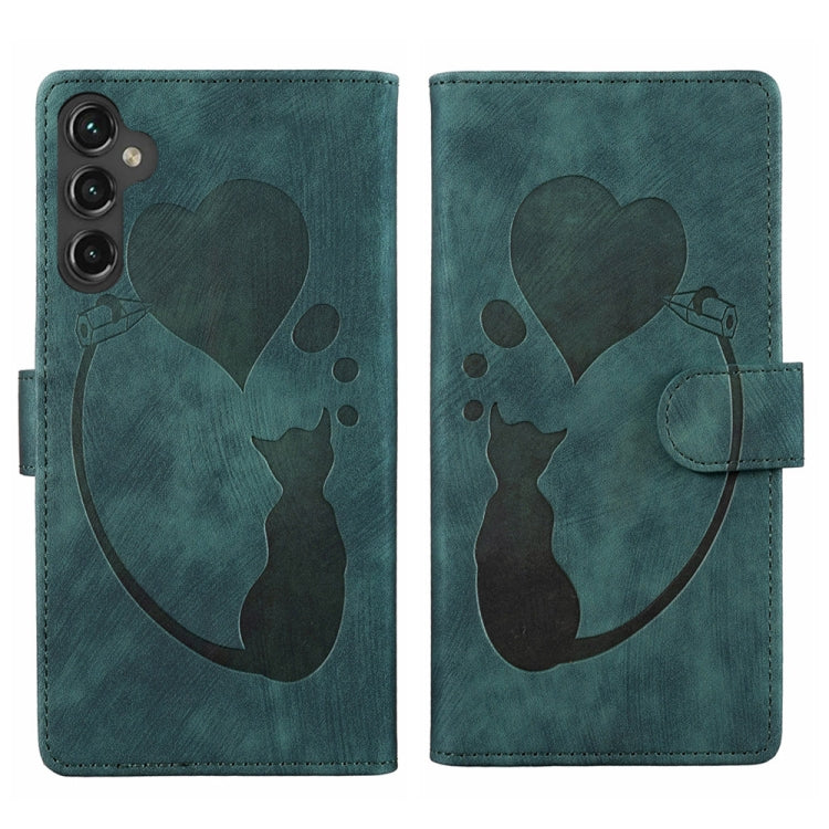 For Samsung Galaxy S24 5G Pen Heart Cat Embossed Leather Phone Case(Green) - HoMEdemic™ 