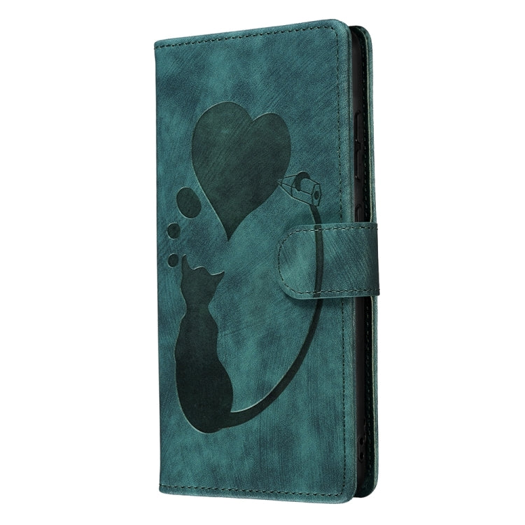 For Samsung Galaxy S24 5G Pen Heart Cat Embossed Leather Phone Case(Green) - HoMEdemic™ 