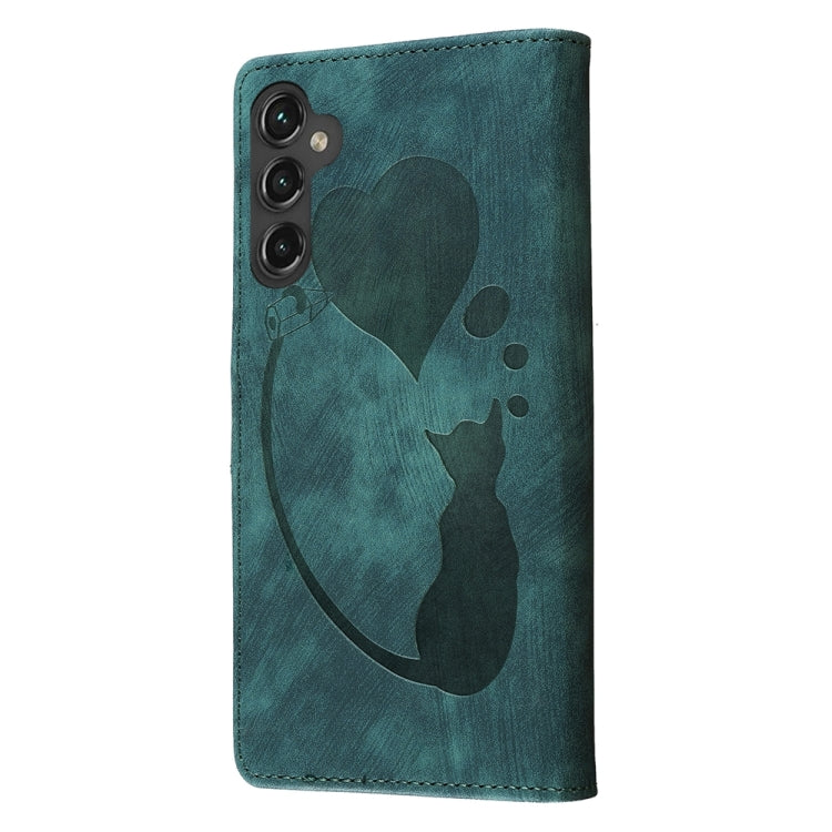 For Samsung Galaxy S24 5G Pen Heart Cat Embossed Leather Phone Case(Green) - HoMEdemic™ 