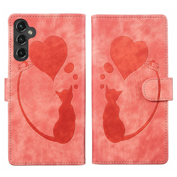 For Samsung Galaxy S24 5G Pen Heart Cat Embossed Leather Phone Case(Orange) - HoMEdemic™ 