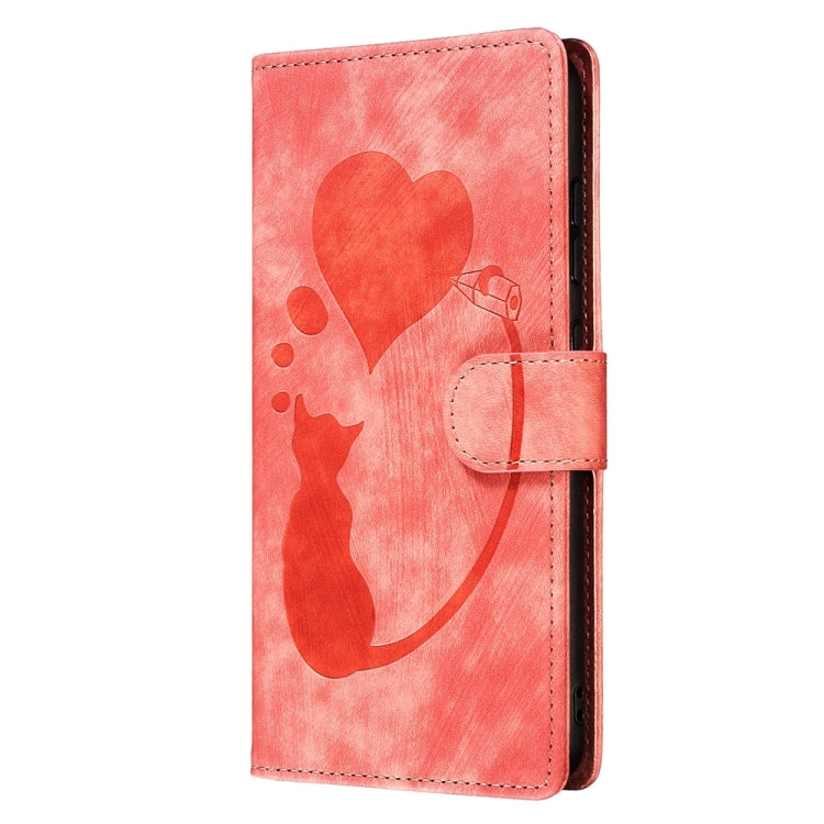 For Samsung Galaxy S24 5G Pen Heart Cat Embossed Leather Phone Case(Orange) - HoMEdemic™ 