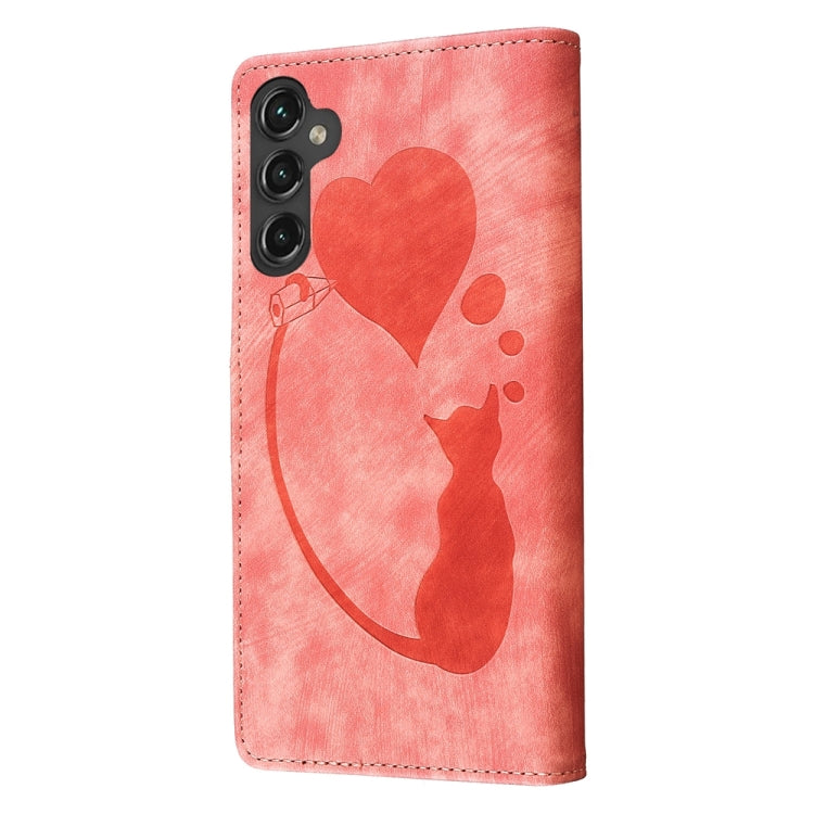 For Samsung Galaxy S24 5G Pen Heart Cat Embossed Leather Phone Case(Orange) - HoMEdemic™ 