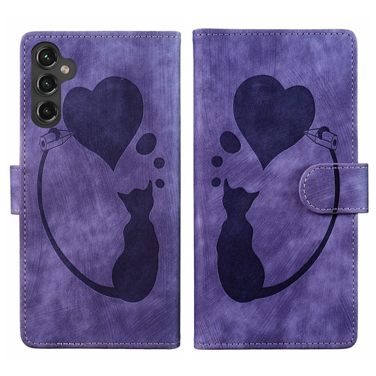 For Samsung Galaxy S24 5G Pen Heart Cat Embossed Leather Phone Case(Purple) - HoMEdemic™ 