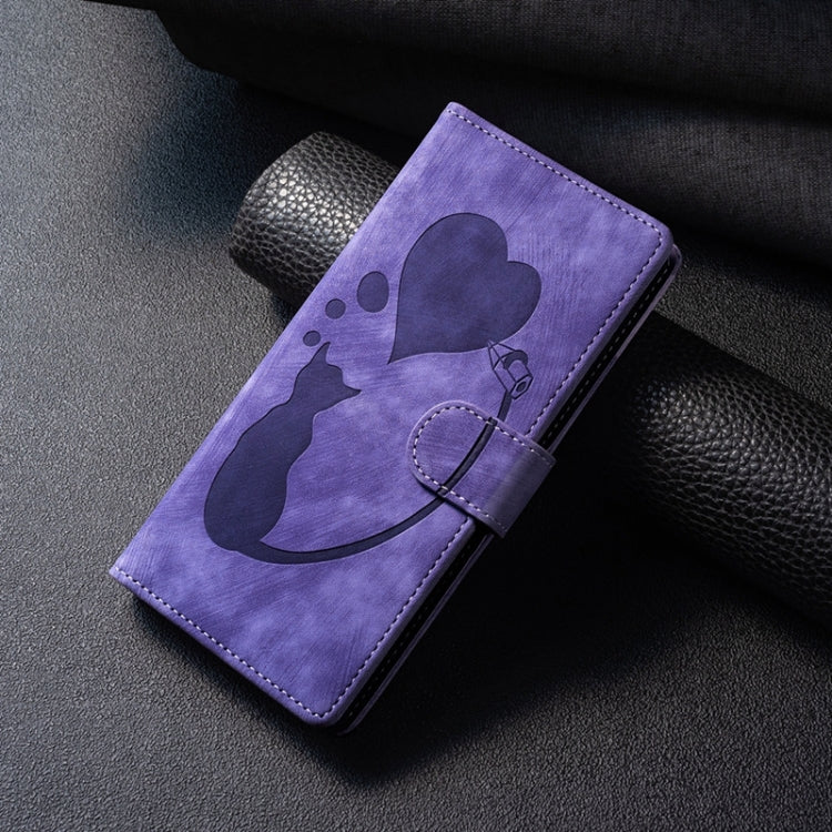 For Samsung Galaxy S24 5G Pen Heart Cat Embossed Leather Phone Case(Purple) - HoMEdemic™ 