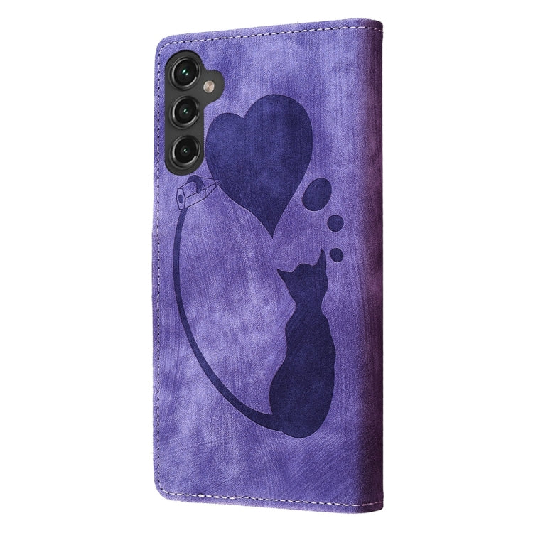 For Samsung Galaxy S24 5G Pen Heart Cat Embossed Leather Phone Case(Purple) - HoMEdemic™ 
