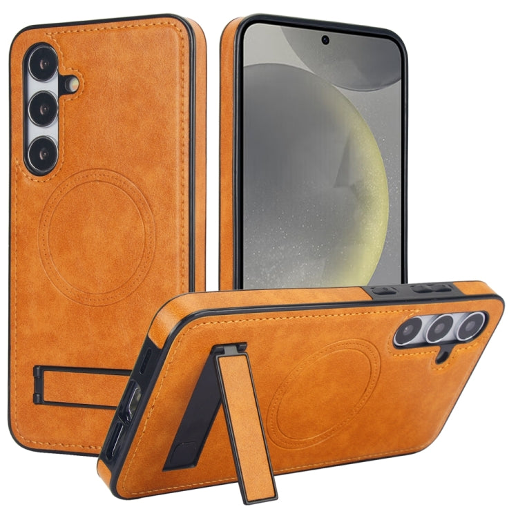 For Samsung Galaxy S24 5G Retro Leather Invisible Stand MagSafe Phone Case(Yellow) - HoMEdemic™ 