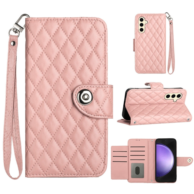 For Samsung Galaxy S24 5G Rhombic Texture Flip Leather Phone Case with Lanyard(Coral Pink) - HoMEdemic™ 