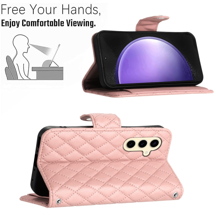 For Samsung Galaxy S24 5G Rhombic Texture Flip Leather Phone Case with Lanyard(Coral Pink) - HoMEdemic™ 