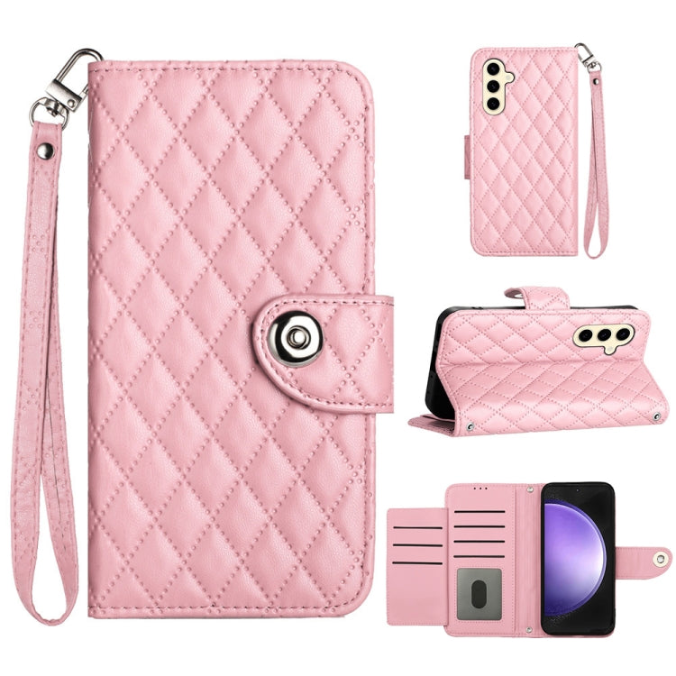 For Samsung Galaxy S24 5G Rhombic Texture Flip Leather Phone Case with Lanyard(Pink) - HoMEdemic™ 