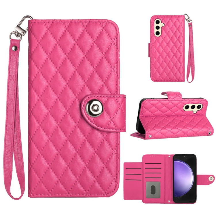 For Samsung Galaxy S24 5G Rhombic Texture Flip Leather Phone Case with Lanyard(Rose Red) - HoMEdemic™ 
