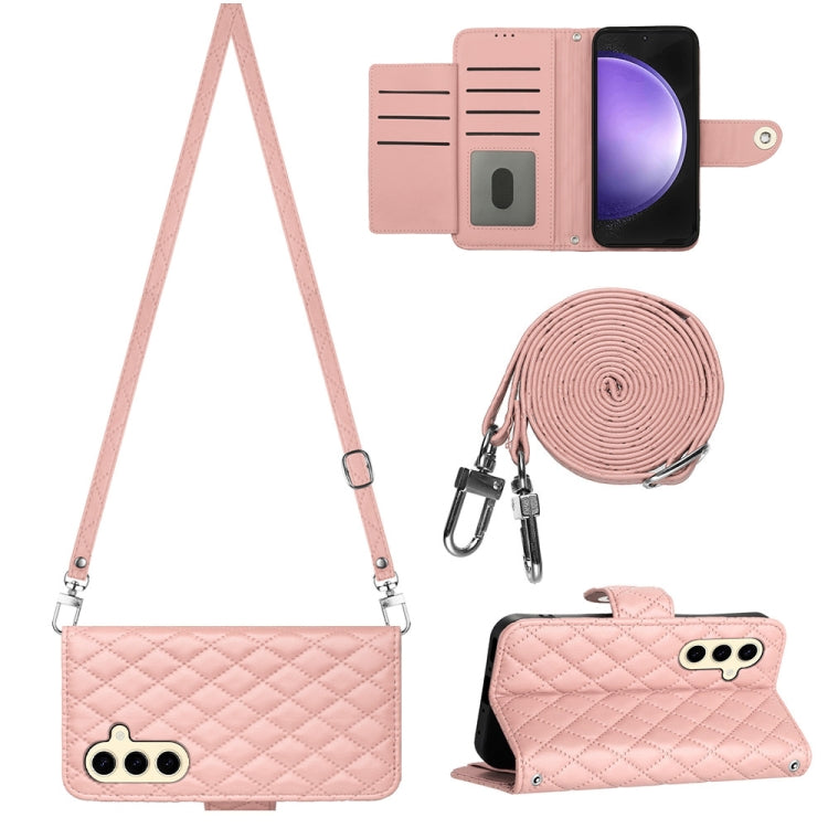 For Samsung Galaxy S24 5G Rhombic Texture Flip Leather Phone Case with Long Lanyard(Coral Pink) - HoMEdemic™ 