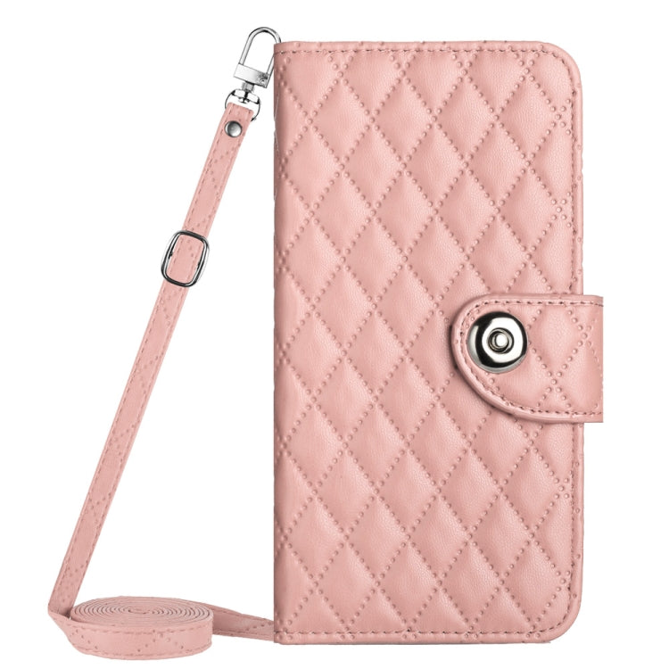 For Samsung Galaxy S24 5G Rhombic Texture Flip Leather Phone Case with Long Lanyard(Coral Pink) - HoMEdemic™ 