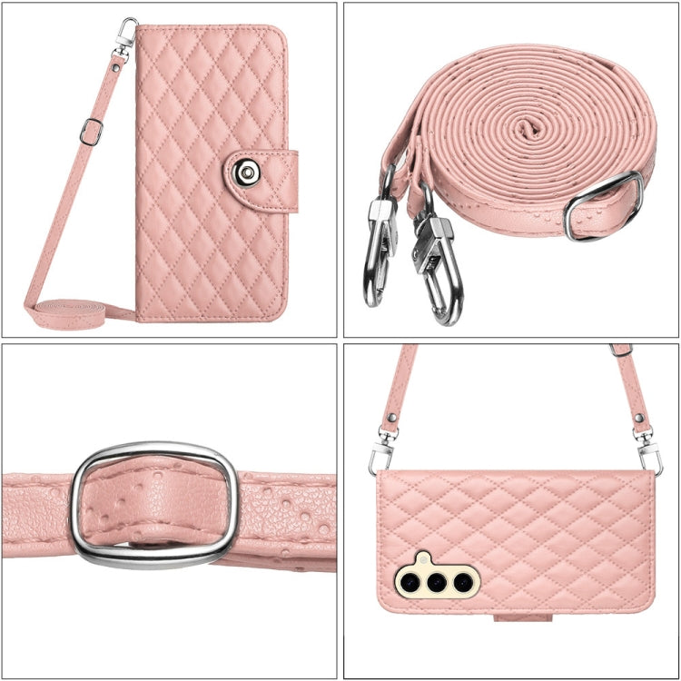 For Samsung Galaxy S24 5G Rhombic Texture Flip Leather Phone Case with Long Lanyard(Coral Pink) - HoMEdemic™ 