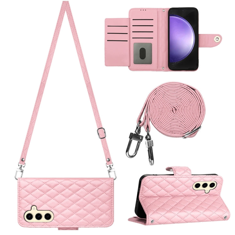 For Samsung Galaxy S24 5G Rhombic Texture Flip Leather Phone Case with Long Lanyard(Pink) - HoMEdemic™ 