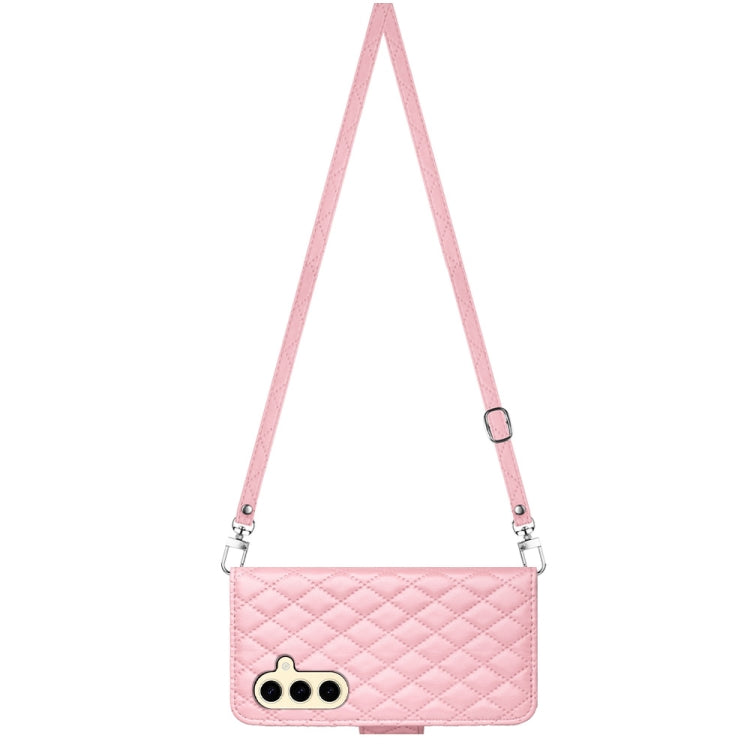 For Samsung Galaxy S24 5G Rhombic Texture Flip Leather Phone Case with Long Lanyard(Pink) - HoMEdemic™ 